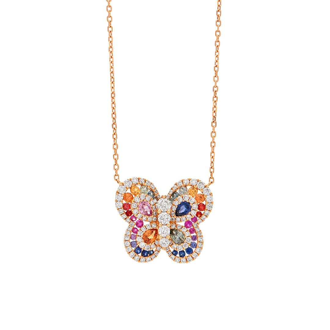 Rainbow Sapphire and Diamond Rose Gold Butterfly Necklace 0