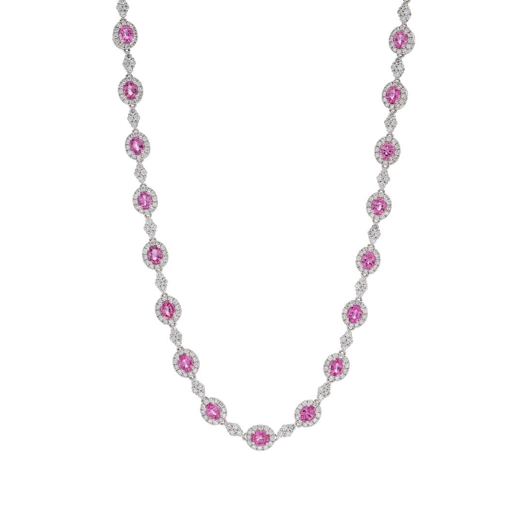 Pink Sapphire and Diamond Oval Halo Link Necklace 0