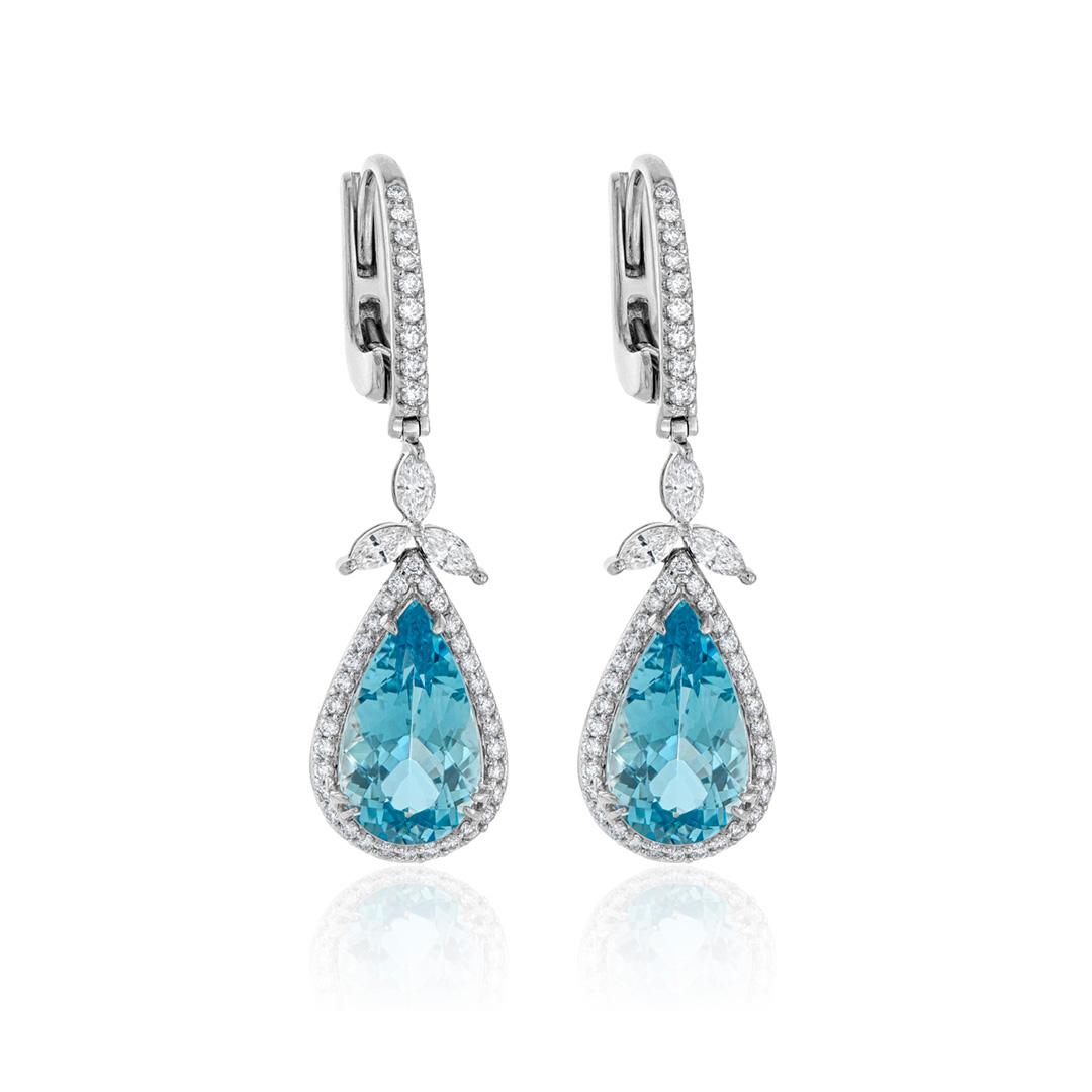 Pear Shape Aquamarine and Diamond Drop Earrings