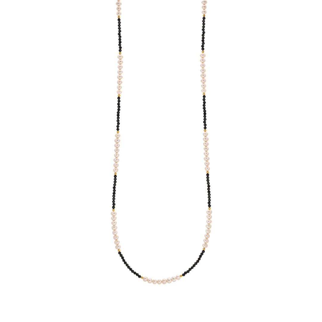 Yellow Gold Plated Pearl and Black Spinel Beaded Necklace