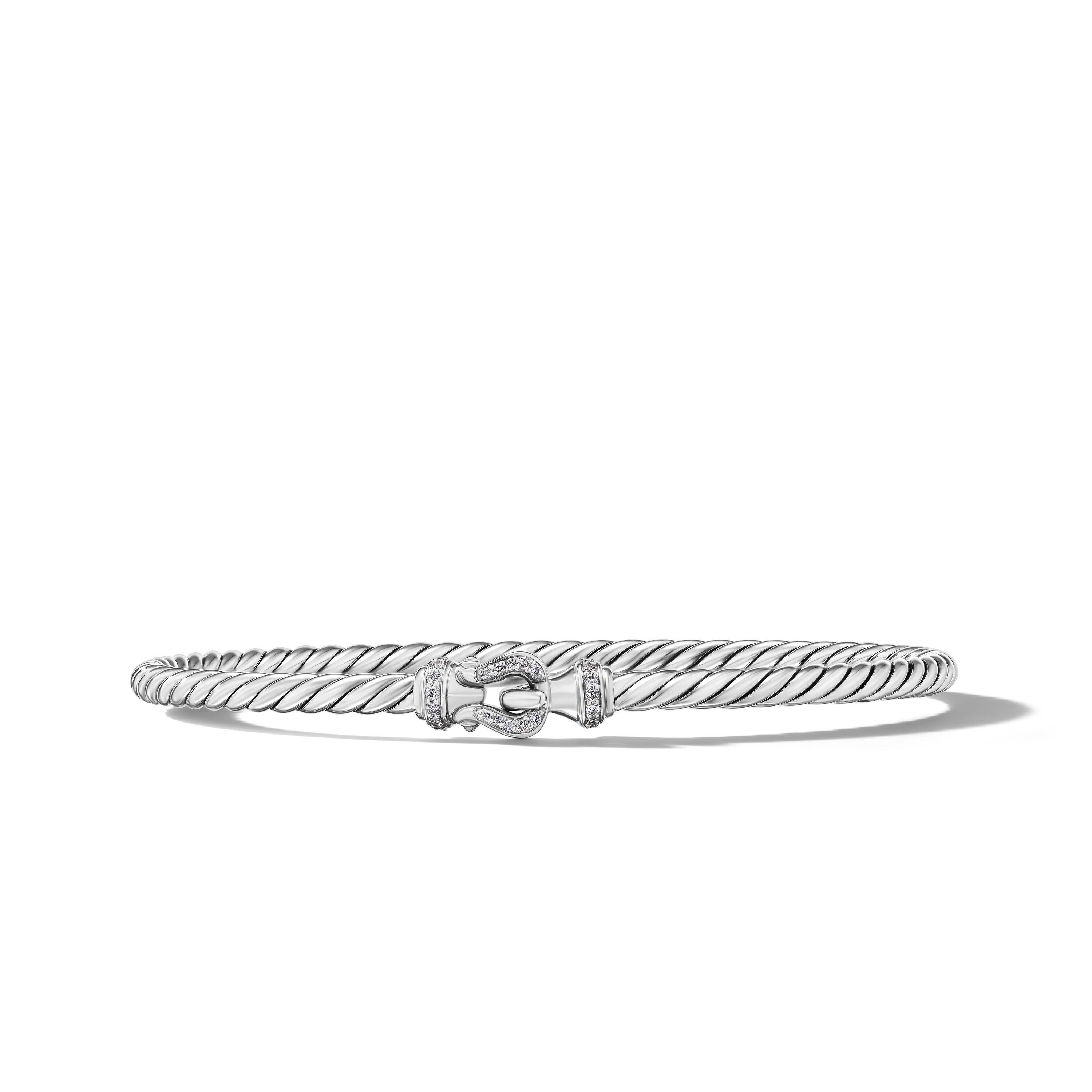David Yurman 3mm Buckle Bracelet in Sterling Silver with Diamonds, Size Small 0
