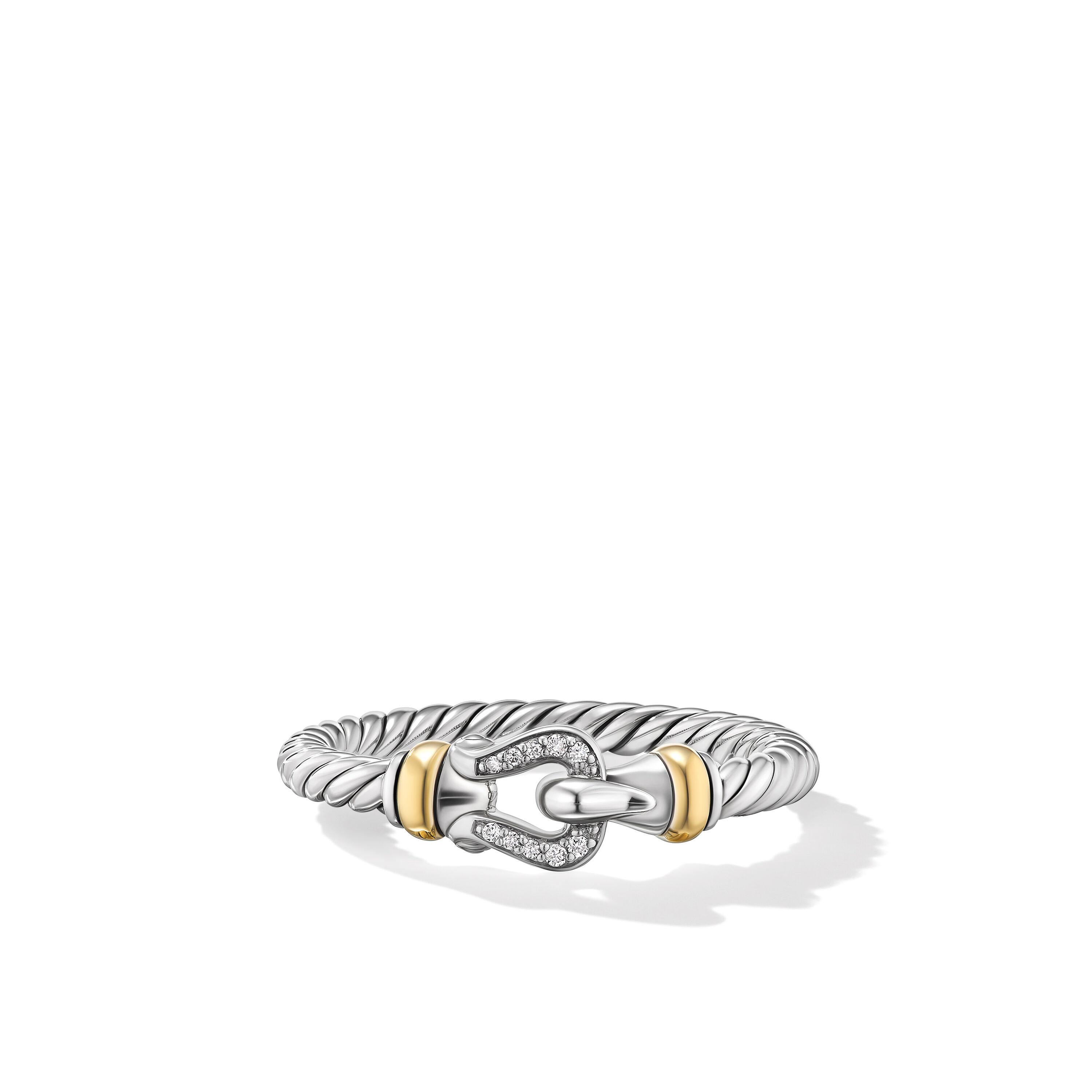 David Yurman Sterling Silver Petite Buckle Ring with 18k Yellow Gold and Diamonds, Size 7