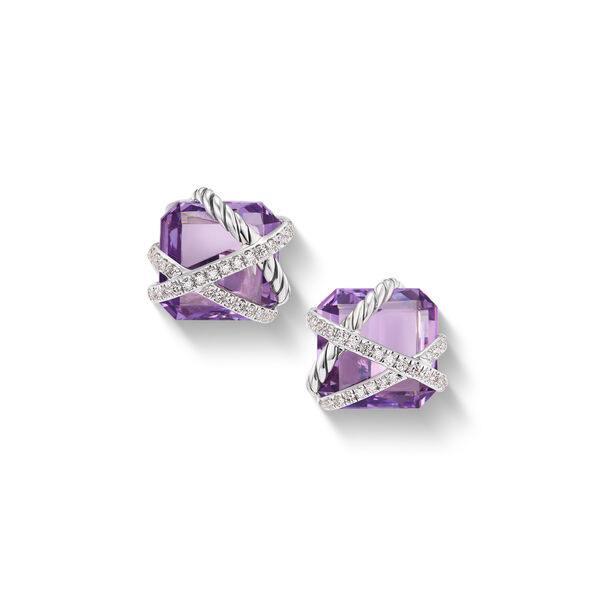 David Yurman Cable Wrap Stud Earrings in Sterling Silver with Lavender Amethyst and Diamonds 0