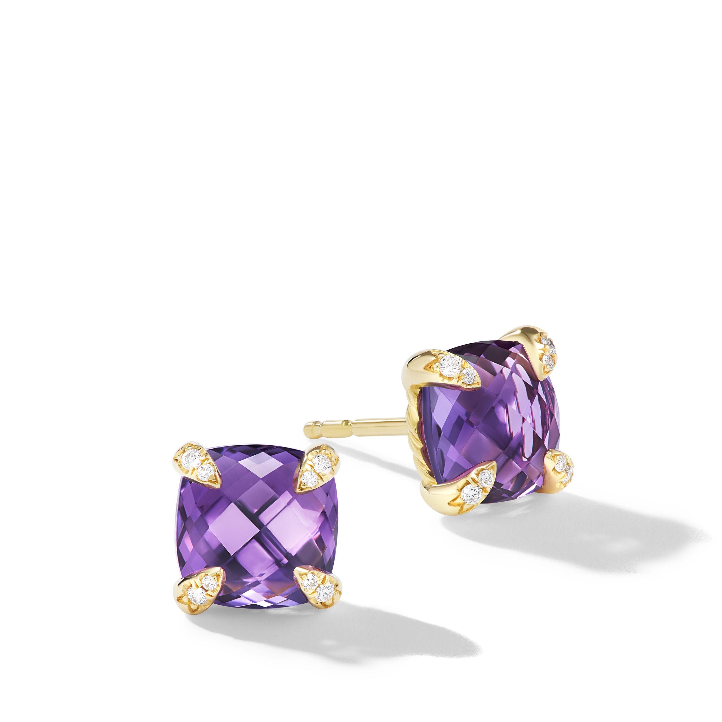 David Yurman Chatelaine Stud Earrings in 18K Yellow Gold with Amethyst and Diamonds, 8mm