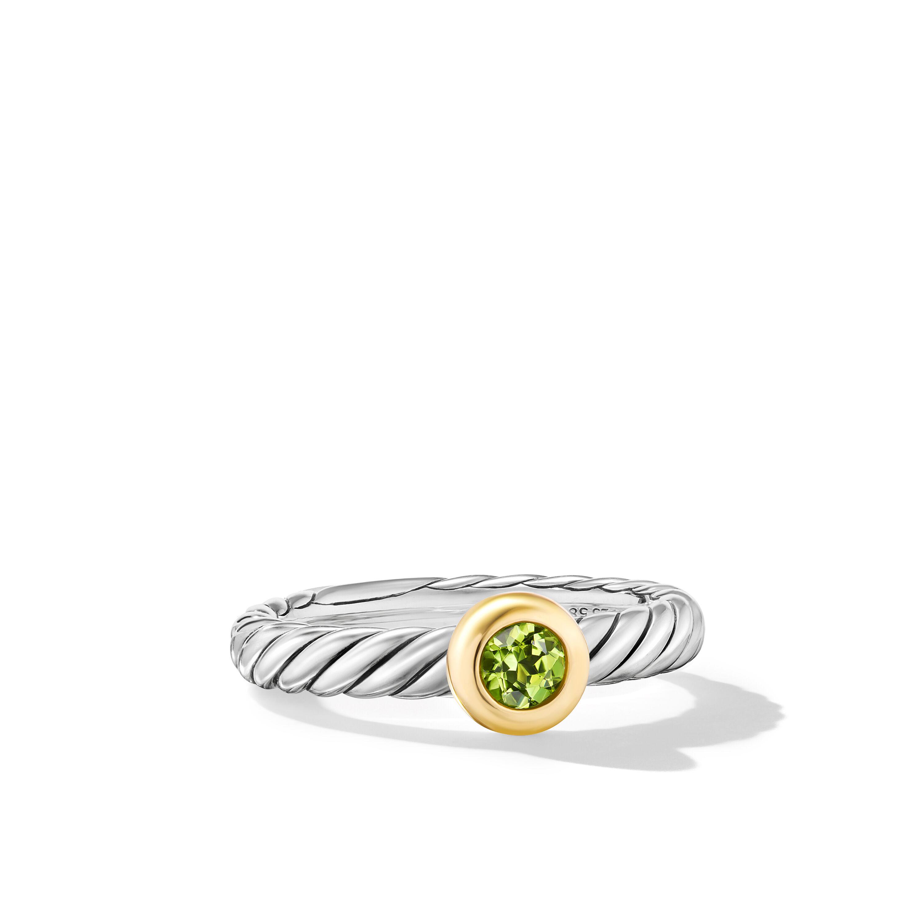 David Yurman Petite Cable Ring in Sterling Silver with 14K Yellow Gold and Peridot, Size 7