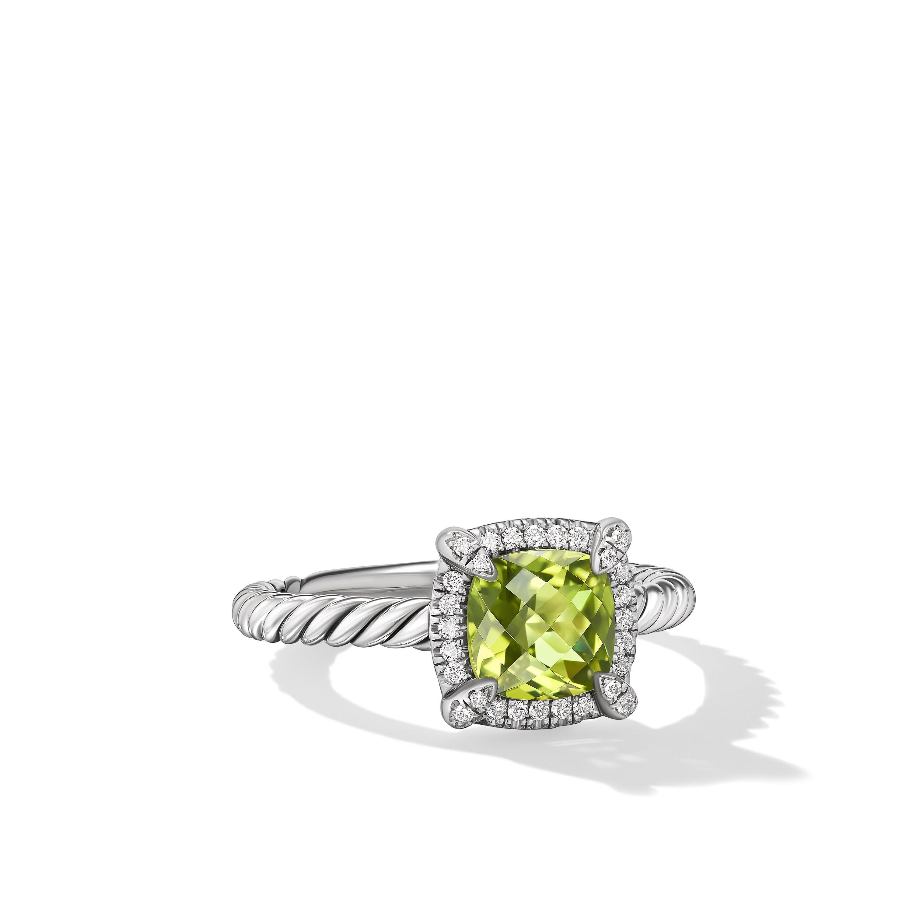 David Yurman Petite Chatelaine Pave Bezel Ring in Sterling Silver with Peridot and Diamonds, Size 5.5