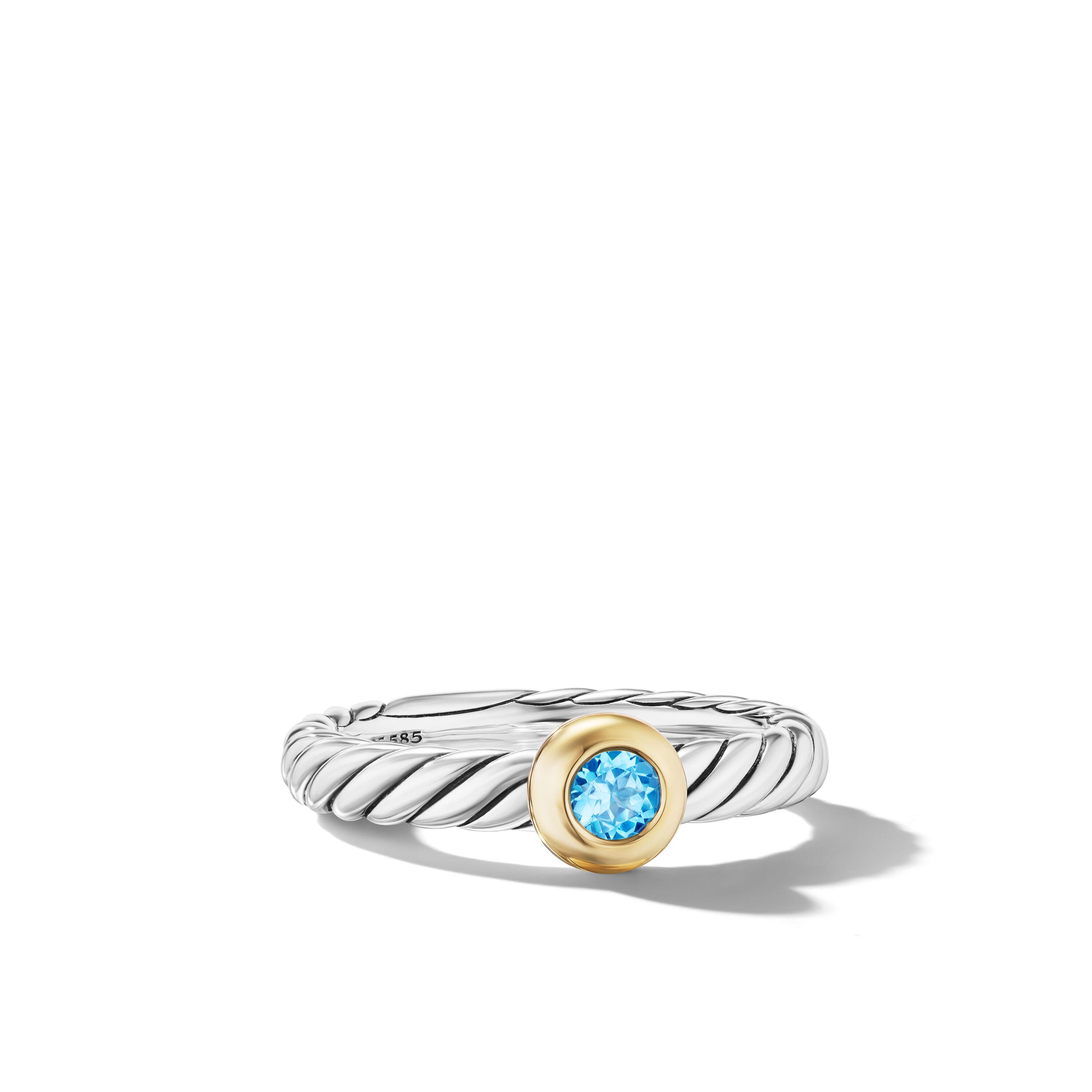 David Yurman Petite Cable Ring in Sterling Silver with 14K Yellow Gold and Blue Topaz, Size 6